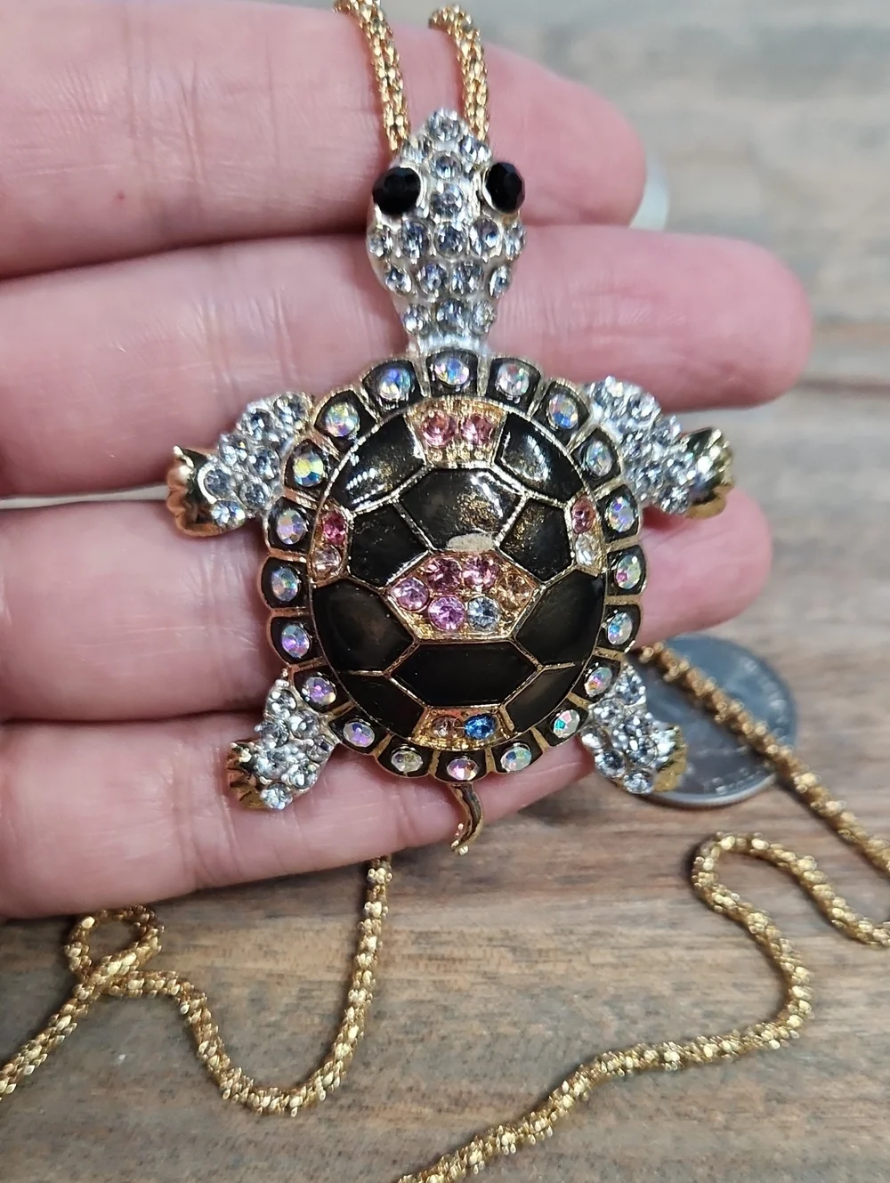 Betsey Johnson Gold-Tone Black & Crystal Turtle Pendant Necklace